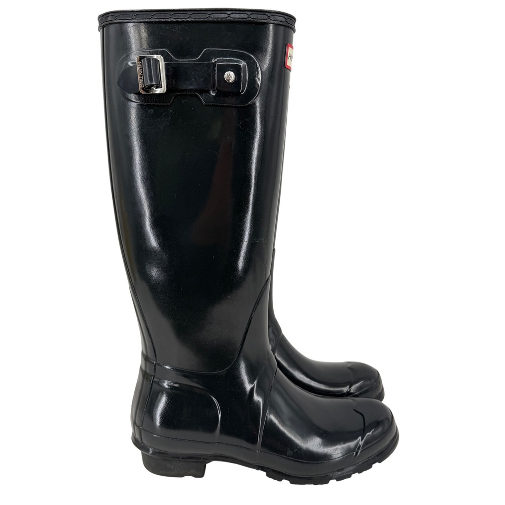 Hunter Original Tall Rain Boots Women Size 7 Black Gloss Waterproof Buckle